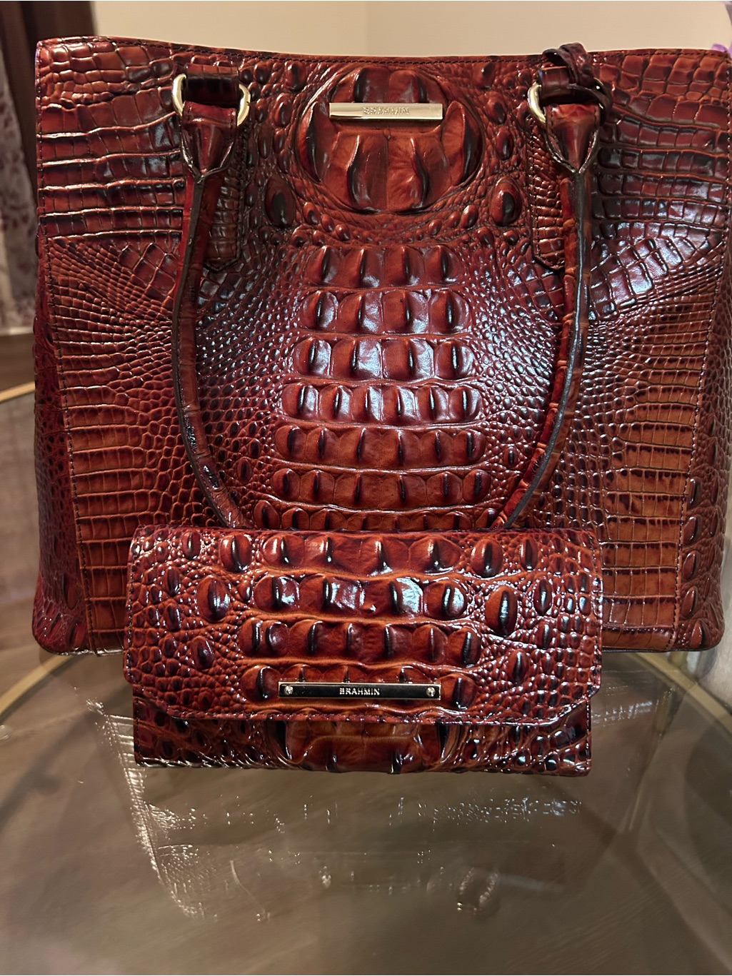 Brahmin Croc-Embossed Leather Tote And Wallet In Rich Chestnut